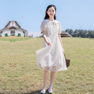 女大童白色连衣裙2024夏季女孩洋气薄款初中学生中式国风裙子