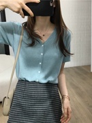 韩国夏季多色细羊毛纹理V领针织短袖开衫T恤空调衫薄款上衣女