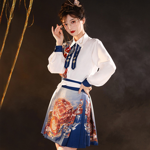 新中式上衣原创2024女夏日常(夏日常)国风汉元素裙裤，套装小个子短款马面裙