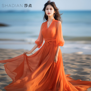 橙色连衣裙雪纺长裙五分袖大摆裙收腰显瘦好看漂亮裙子海边沙滩裙