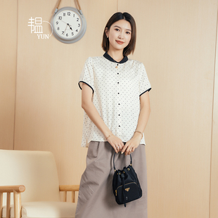 yun韫2023夏季女气质，雪纺翻领拼色波点印花短袖衬衫上衣