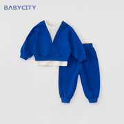 男童春秋套装20241一3岁男宝宝帅气假两件长袖卫衣儿童两件套