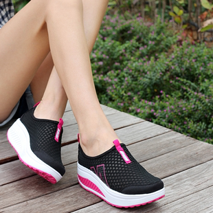夏季女士网布鞋厚底一脚蹬摇摇鞋女透气网鞋跑步运动休闲鞋女