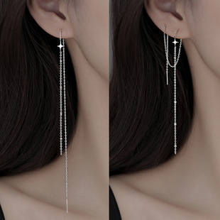s925纯银耳线女韩版小清新长款气质耳链星星，设计感小众网红耳饰品
