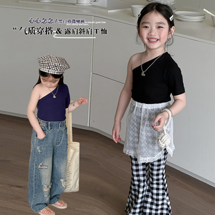 女童露肩T恤夏装2024韩版时髦儿童斜肩短袖上衣女宝夏季体恤