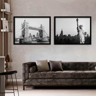 城市地标黑白建筑酒店装饰画世界各国著名风景卧室纽约旅馆挂画
