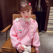 女童加绒卫衣冬装2023洋气儿童休闲百搭一体绒卡通娃娃领上衣