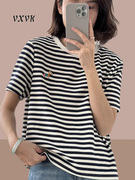 黑白条纹纯棉短袖t恤女2024夏季圆领，宽松显瘦高端欧货体恤衫上衣