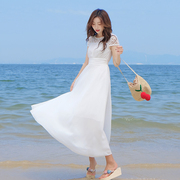 白色仙女裙2021夏蕾丝(夏蕾丝)雪纺连衣裙气质，显瘦沙滩裙海边度假长裙