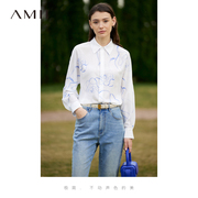 Amii2023秋装设计师手绘玫瑰雪纺衬衫蝙蝠袖白衬衣法式上衣女