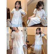韩国夏装女童白色娃娃衫短袖，t恤+森系半身裙，=波西米亚风两件套装