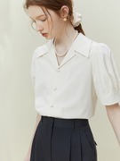 法式夏季复古白色西装领雪纺短袖衬衫女职业气质通勤面试上衣