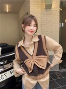 长袖衬衫两件套女秋季2022设计感蝴蝶结，宽松毛衣针织马甲套装