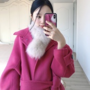 100%羊毛玫红色冬立领双面呢大衣女长款过膝赫本风气质系带呢外套