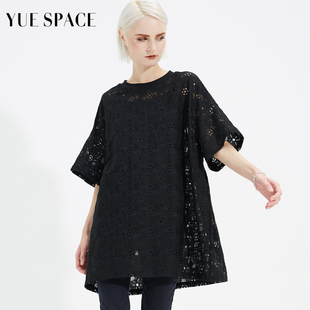 yuespace蕾丝衫镂空t恤宽松显瘦短袖圆领，夏季女士休闲罩衫套头衫