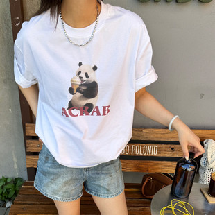 acrab可爱熊猫美式复古夏季圆领ins印花甜妹宽松上衣，短袖t恤