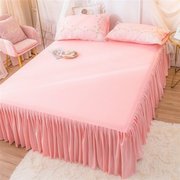 水洗棉四件套韩式公主，风床裙款套件少女粉色，床笠床单式蕾丝被套罩