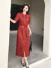 新中式连衣裙女装夏季2024红色，高级精致妈妈，气质短袖提花裙子