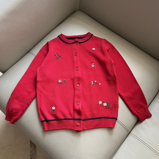 女童秋季大红色纯棉针织刺绣小花薄款毛衣外套开衫