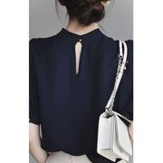 法式雪纺短袖衬衫女夏季洋气小衫时尚气质藏青色职业衬衣高端上衣