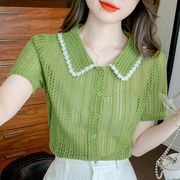 绿色翻领镂空短袖针织衫女薄款夏季甜美时尚气质短款开衫体恤上衣