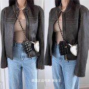 TOPDRESSING韩国2023秋装女 作旧擦色短款机车皮衣夹克外套