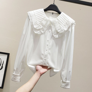 双层蕾丝花边娃娃领衬衣超仙女2023春季法式甜美白色衬衫宽松上衣