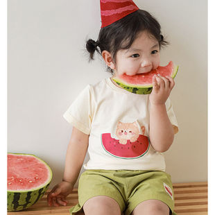 巴拉巴柆女童西瓜系列T恤2024夏季可爱卡通绿色短裤宝宝小女