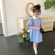 艾摩贝贝女童气质泡泡，袖小翻领衬衫裙儿童，韩版简约蓝色棉质连衣裙