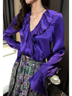 紫色法式复古优雅v领套头荷叶边宽松喇叭袖舒适洋气垂感衬衫女