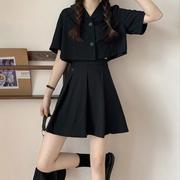 套装女高腰A字百褶短裙夏季韩版黑色JK半身裙女套装裙两件套裙子