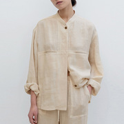 亚麻衬衫春秋季女装新中式文艺复古立领设计小众棉麻长袖衬衣