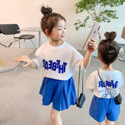 女童短裤套装2023夏季克莱因蓝两件套韩版短袖T恤洋气儿童装