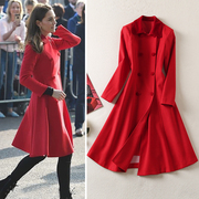 王妃同款2023欧洲站春装高端气质红色双排扣中长款毛呢外套大衣潮