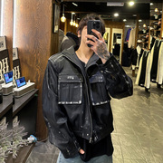 韩国东大门男装皮衣夹克外套短款双贴口袋设计师款油漆做旧
