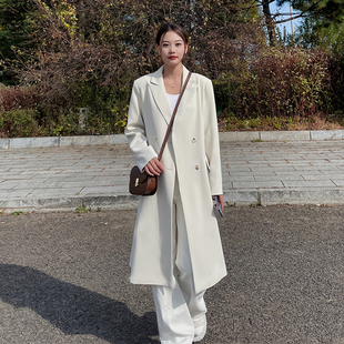 白色休闲中长款西装外套女2024春季高级感韩版显瘦西服风衣秋