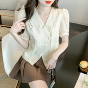 tb-新中式短款雪纺设计感小众女夏季泡泡袖国风，盘扣刺绣短袖衬衫