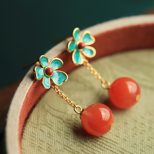 天然南红玛瑙纯银耳环，女珐琅中式国风红色，复古耳饰耳坠送妈妈礼物