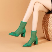 粗跟高跟短靴镂空网靴春夏靴薄款单靴凉靴子橘色绿色真皮女靴 SD