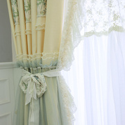 法式韩式田园轻奢奶油风绿色花朵洒金绿色蕾丝裙摆窗帘飘窗定制