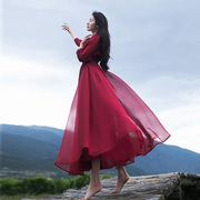 棉麻记复古雪纺连衣裙，女夏季红色v领度假长裙气质收腰仙女裙