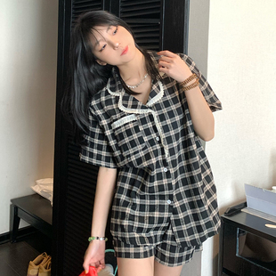 韩版蕾丝格子睡衣女夏天短袖，短裤纯棉夏季网红高级家居服套装