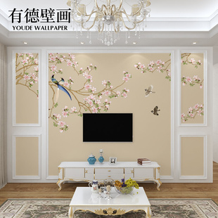 现代新中式玉兰花鸟电视，背景墙壁纸客厅卧室，壁画墙纸美式田园墙布
