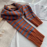 袖子围巾条纹针织长款男女通用拼色毛线围脖冬季加厚保暖文艺个性