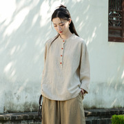 新中式棉麻女装亚麻立领，国风盘扣套头大码上衣秋文艺禅意女式衬衫