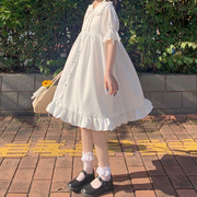 温柔连衣裙日系软妹甜美娃娃领雪纺短袖白色中长款子女夏
