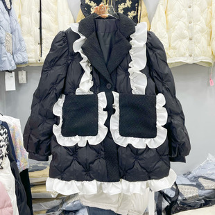 原创法式西装领荷叶边拼接黑色，羽绒服女中长款加厚保暖白鸭绒(白鸭绒)外套