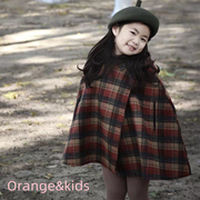 韩国女童外套尖尖帽格子夹棉加厚呢大衣斗篷23秋冬装时尚童装