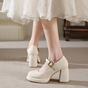 高跟鞋女婚鞋法式一字带玛丽珍鞋防水台粗跟单鞋米白色气质伴娘鞋