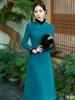长袖旗袍奥黛裙2023年冬季蓝色改装气质显瘦连衣裙冬款中国风
